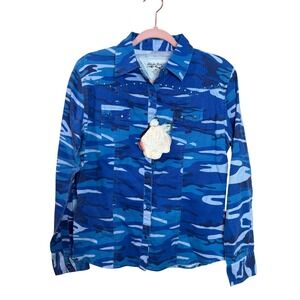 Adobe Rose Blue Camo Studded Western Shirt Small‎ Long Sleeve Button Down